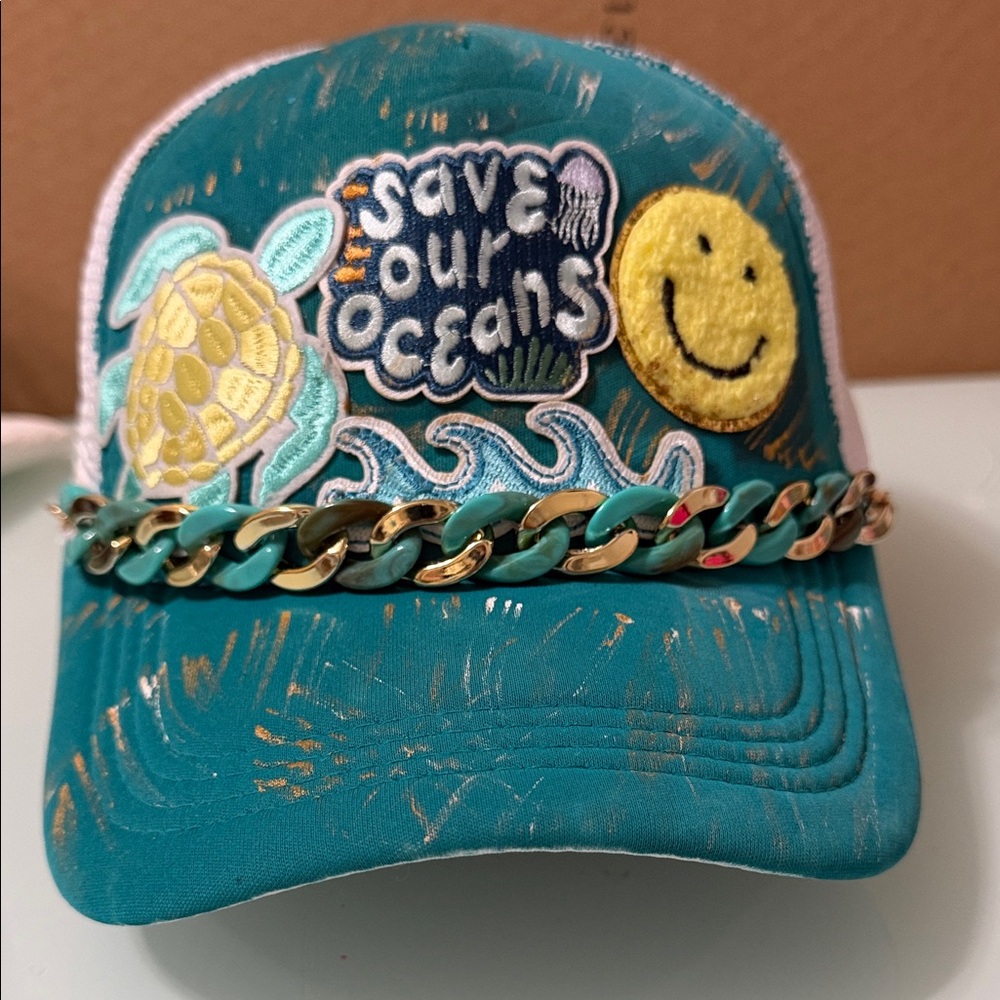 Teal 'Save Our Oceans' Embroidered Trucker Hat with Decorative Chain